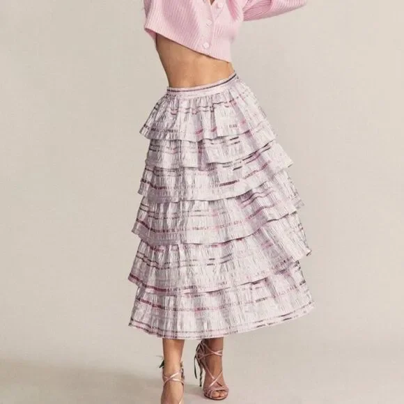 LoveShackFancy Party Midi Skirt Silver and Pink Metallic Layered Maxi Size 0 - Picture 7 of 9